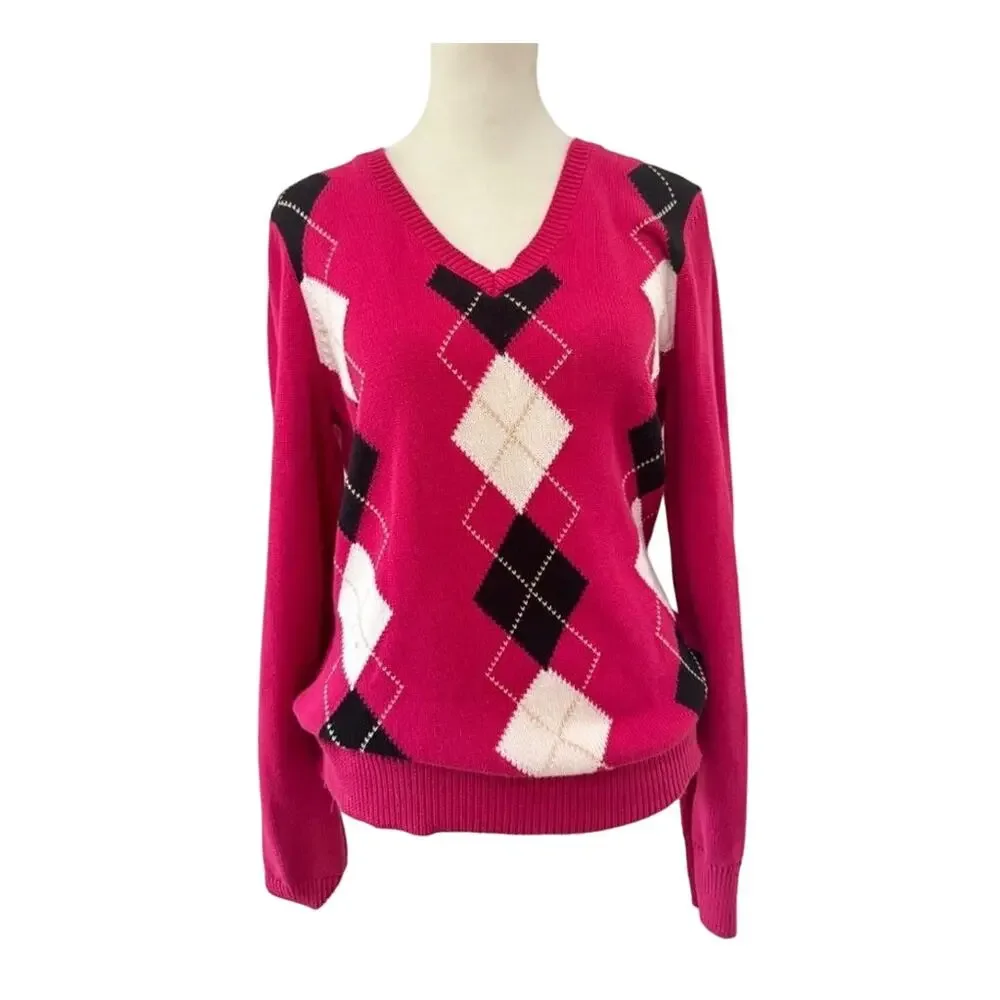 IZOD Golf Argyle V-Neck Sweater Pink Cotton Pullover Women’s Small Size S Preppy - Picture 2 of 5